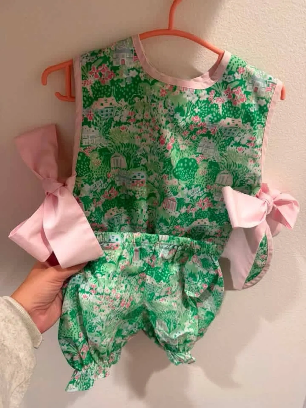 The Beaufort Bonnet Company Pink & Green Floral Bubble Romper with Side Bows